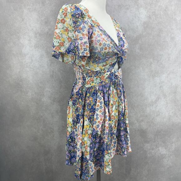 Angie Womens L Floral Smocked Peakaboo Cutout Babydoll Dress Boho Garden Fairy - Picture 4 of 9